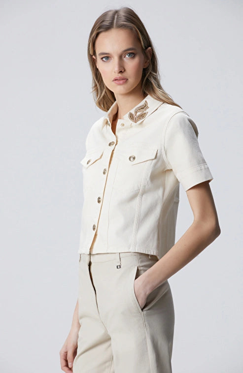 WOMEN'S Natural Collar Denim Jacket with Stone Details