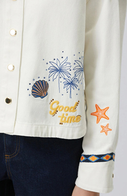 WOMEN'S White Denim Jacket with Embroidery