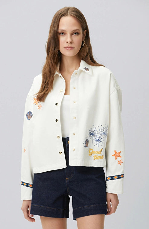 WOMEN'S White Denim Jacket with Embroidery