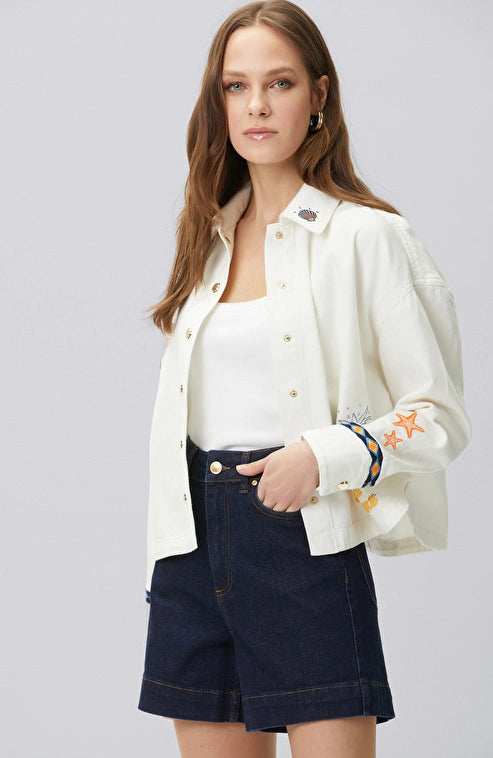 WOMEN'S White Denim Jacket with Embroidery