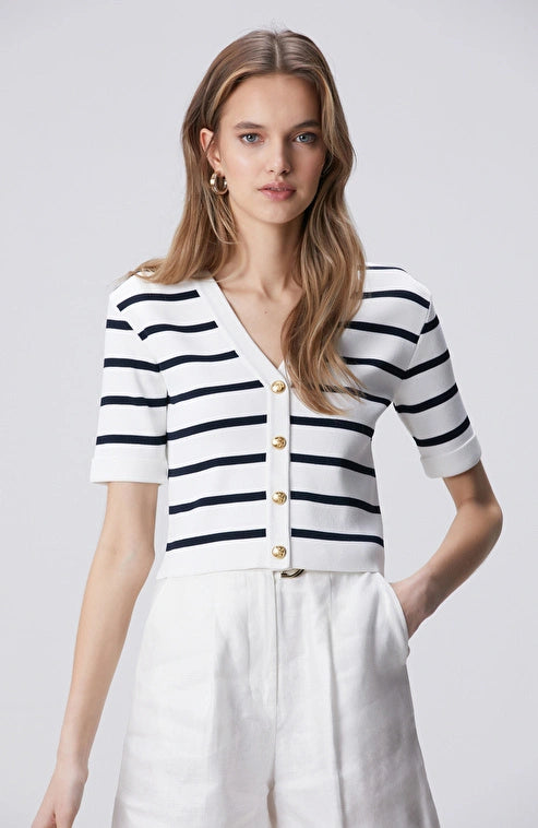 WOMEN'S N-Green Navy Blue and White Striped Knit Jacket