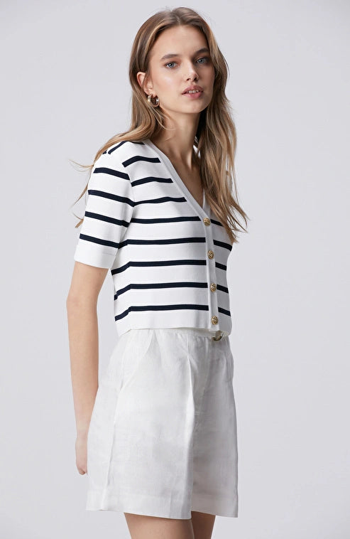WOMEN'S N-Green Navy Blue and White Striped Knit Jacket