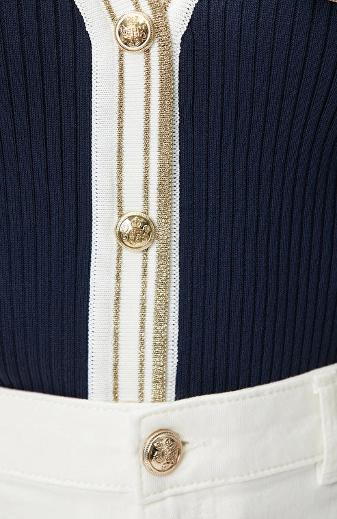WOMEN'S Navy Blue and White Padded V-Neck Knit Jacket