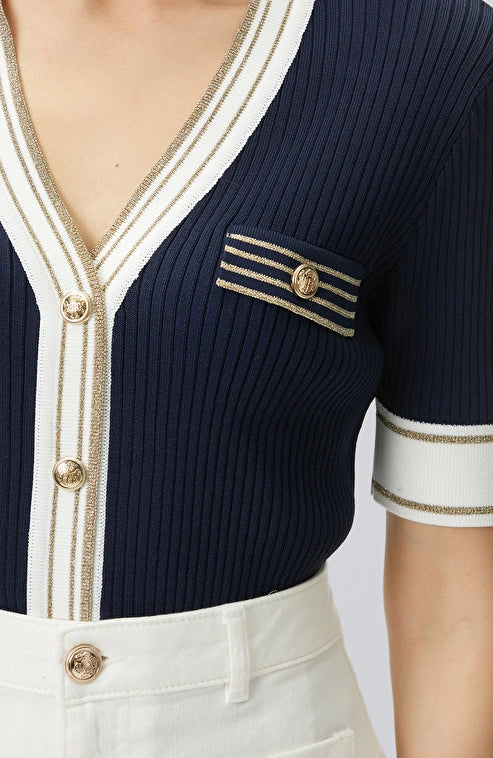 WOMEN'S Navy Blue and White Padded V-Neck Knit Jacket