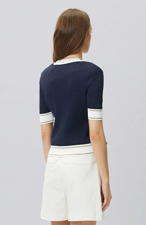WOMEN'S Navy Blue and White Padded V-Neck Knit Jacket