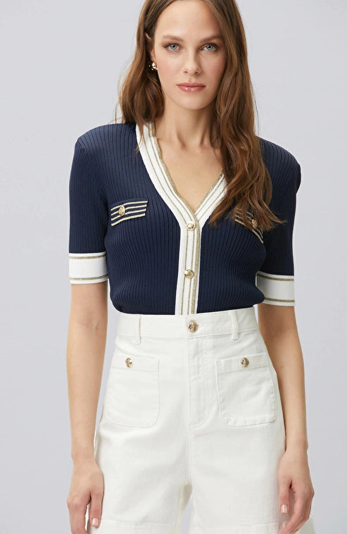 WOMEN'S Navy Blue and White Padded V-Neck Knit Jacket