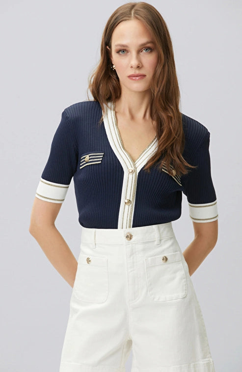 WOMEN'S Navy Blue and White Padded V-Neck Knit Jacket