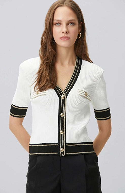 WOMEN'S N-Green Black and Off-White V-Neck Padded Knit Jacket