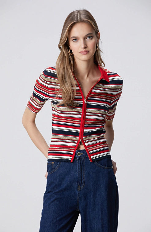 WOMEN'S N-Green Navy Red Short-Sleeve Knitted Cardigan