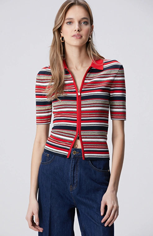 WOMEN'S N-Green Navy Red Short-Sleeve Knitted Cardigan