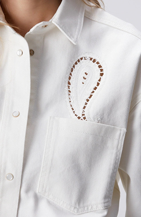 WOMEN'S Off-White Embroidered Denim Shirt with Rhinestones