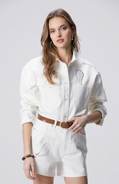 WOMEN'S Off-White Embroidered Denim Shirt with Rhinestones