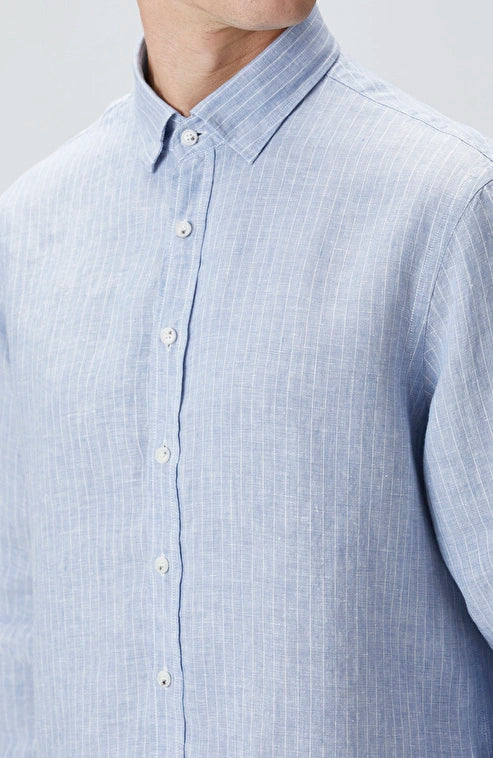 MEN'S N-Green Blue Striped Linen Shirt