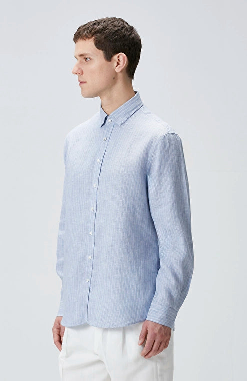 MEN'S N-Green Blue Striped Linen Shirt