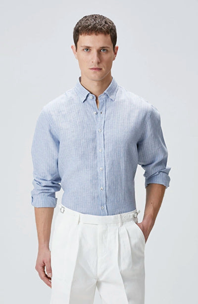 MEN'S N-Green Blue Striped Linen Shirt