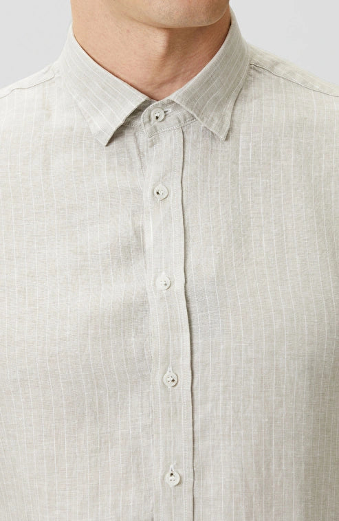 MEN'S N-Green Light Beige Comfort Striped Linen Shirt