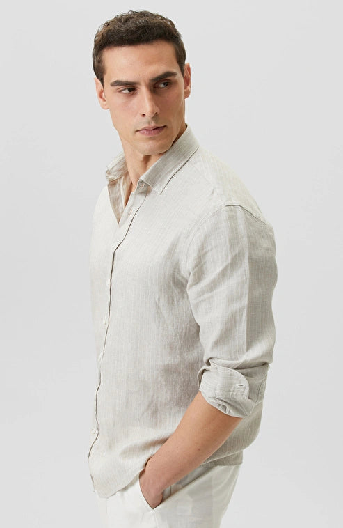 MEN'S N-Green Light Beige Comfort Striped Linen Shirt