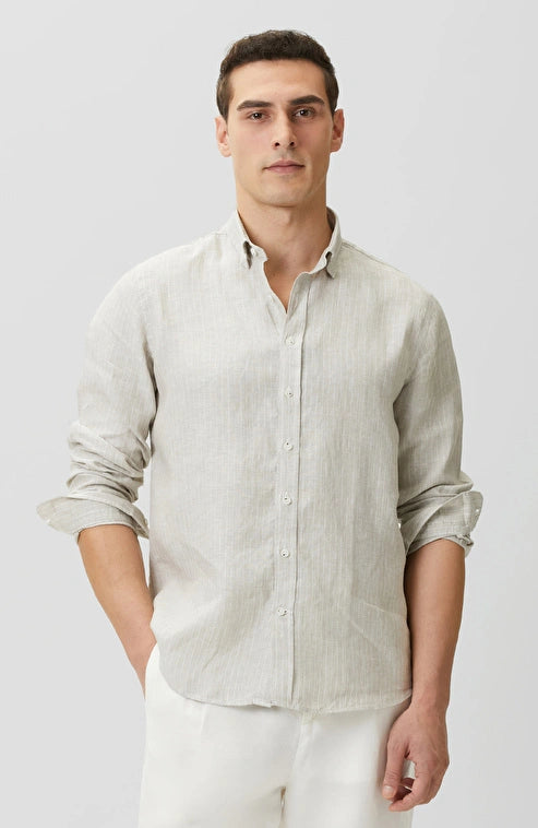 MEN'S N-Green Light Beige Comfort Striped Linen Shirt
