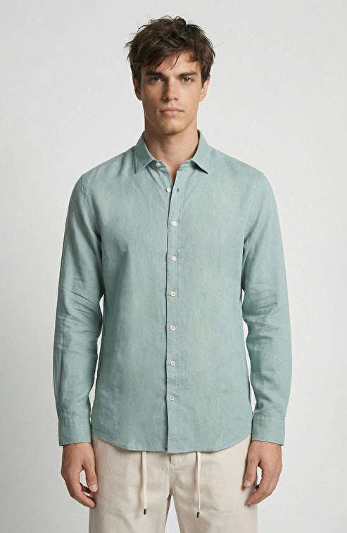 MEN'S N-Green Mint Striped Linen Shirt