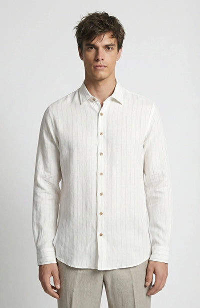 MEN'S N-Green Off-White Striped Linen Shirt