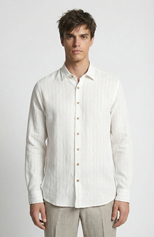 MEN'S N-Green Off-White Striped Linen Shirt