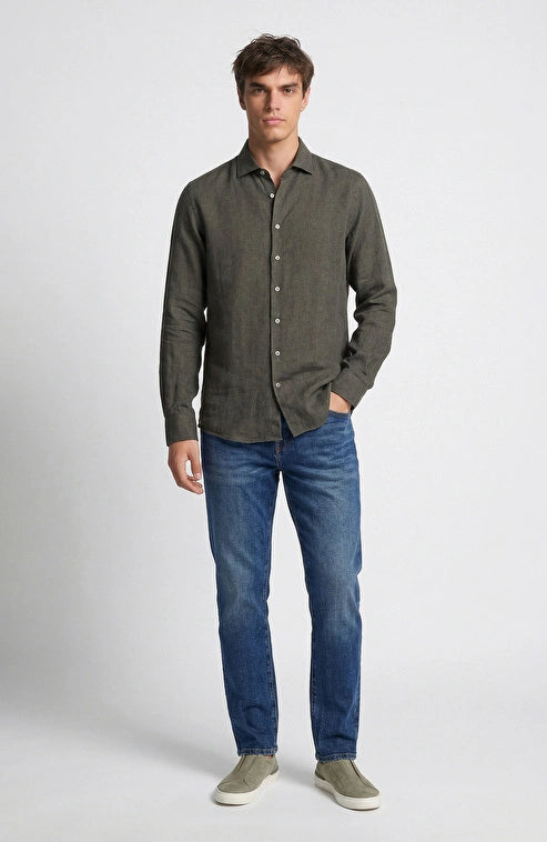 MEN'S N-Green Khaki Linen Shirt