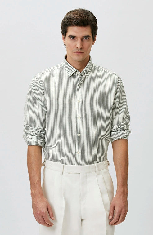 MEN'S N-Green Green Linen Blend Embossed Striped Shirt