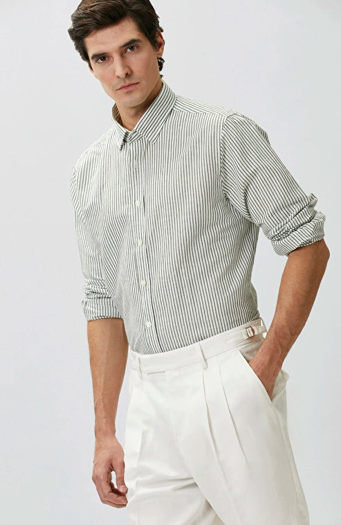 MEN'S N-Green Green Linen Blend Embossed Striped Shirt