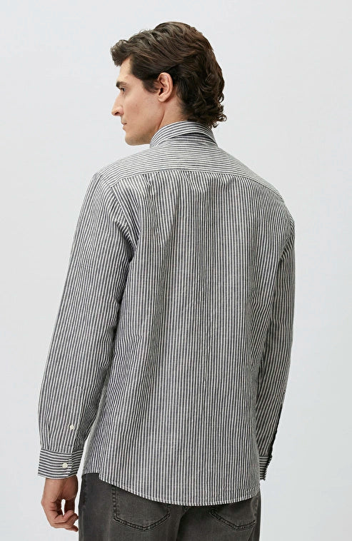 MEN'S N-Green Navy Linen Blend Embossed Striped Shirt