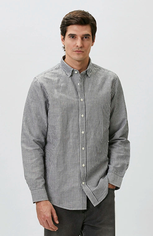 MEN'S N-Green Navy Linen Blend Embossed Striped Shirt
