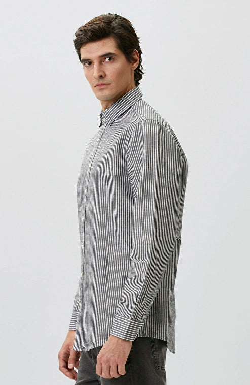 MEN'S N-Green Navy Linen Blend Embossed Striped Shirt