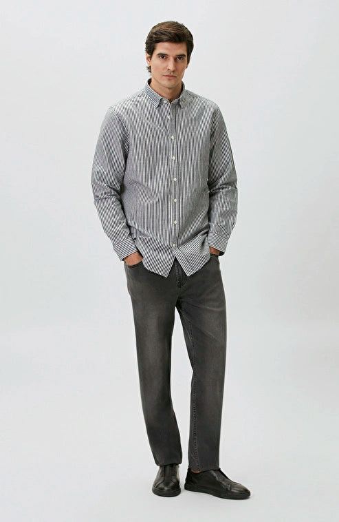 MEN'S N-Green Navy Linen Blend Embossed Striped Shirt