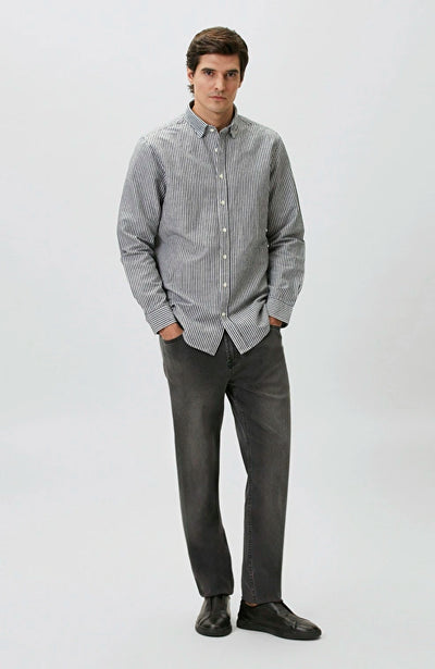 MEN'S N-Green Navy Linen Blend Embossed Striped Shirt