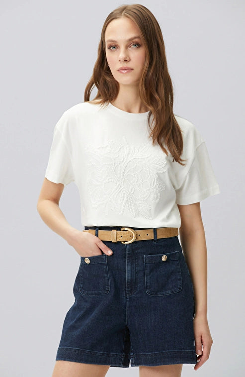 WOMEN'S N-Green Off-White Beaded Detail T-shirt