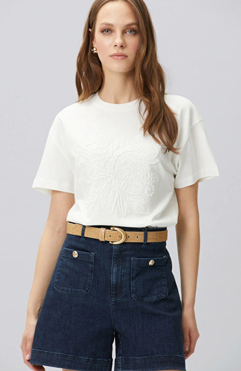 WOMEN'S N-Green Off-White Beaded Detail T-shirt