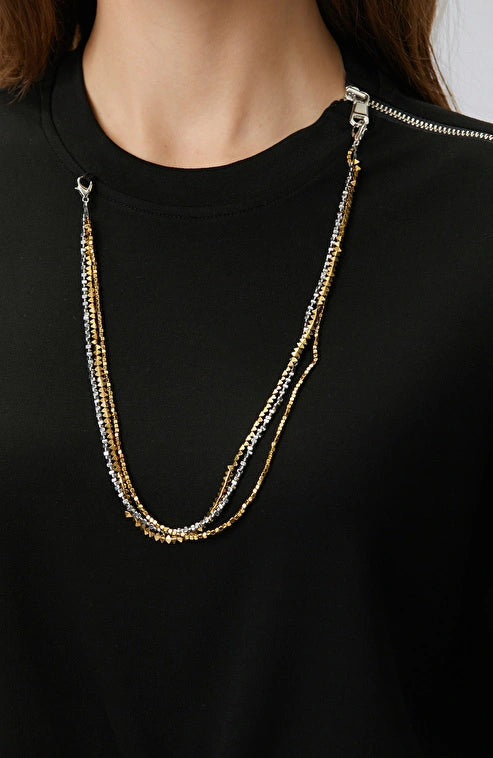 WOMEN'S Black T-shirt with Chain Detail Collar