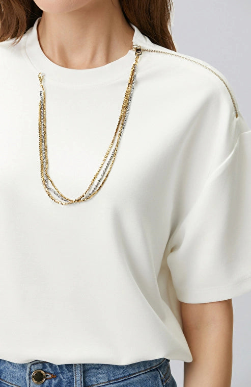 WOMEN'S Off-White T-shirt with Chain Detail Collar