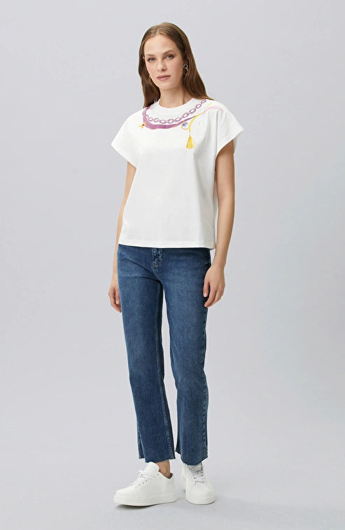 WOMEN'S N-Green Off-White Collar Print Detail T-shirt