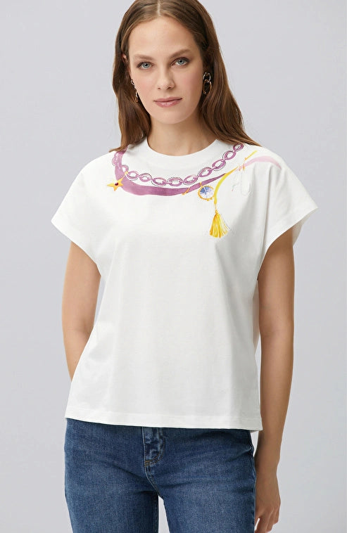 WOMEN'S N-Green Off-White Collar Print Detail T-shirt