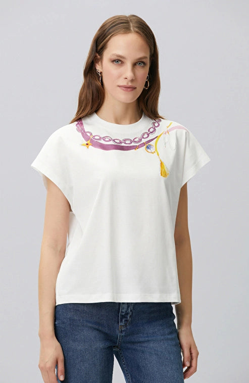 WOMEN'S N-Green Off-White Collar Print Detail T-shirt