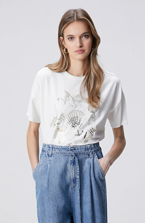 WOMEN'S N-Green Off-White Front Body Printed T-shirt