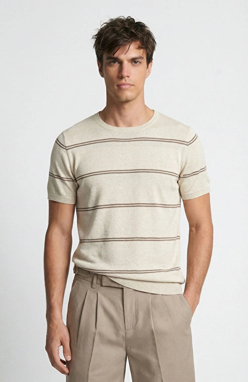 MEN'S Beige Striped Linen Blend Knit Sweater