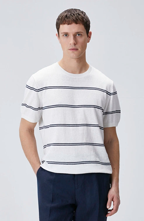 MEN'S White Striped Linen Blend Knit Sweater