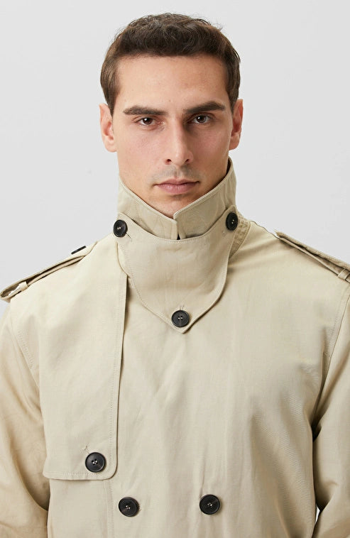 MEN'S N-Green Beige Double-Breasted Linen Blend Trench Coat