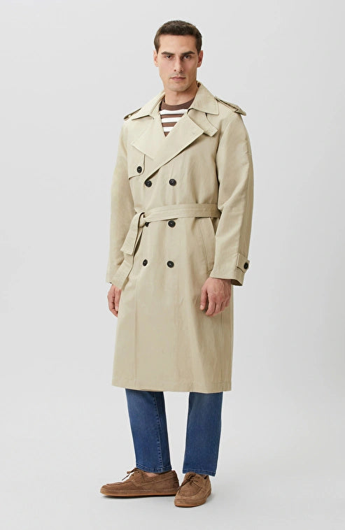 MEN'S N-Green Beige Double-Breasted Linen Blend Trench Coat