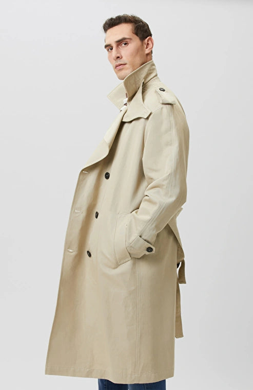 MEN'S N-Green Beige Double-Breasted Linen Blend Trench Coat
