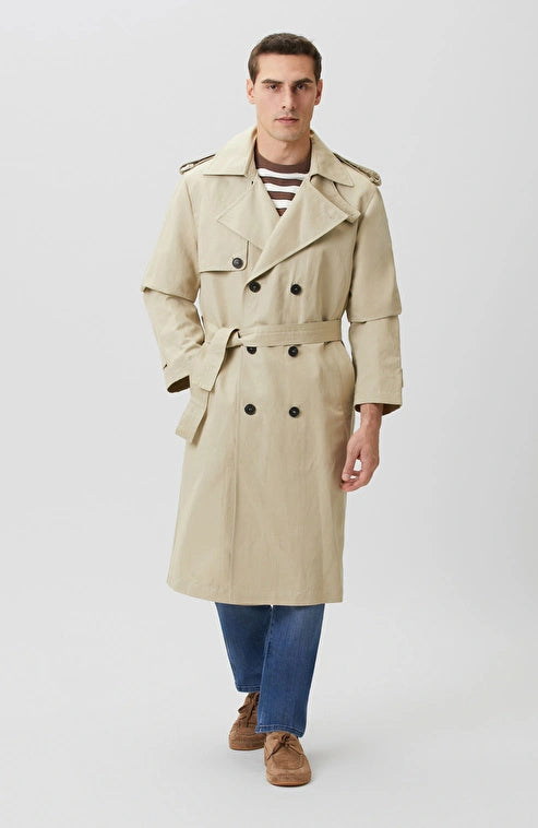 MEN'S N-Green Beige Double-Breasted Linen Blend Trench Coat