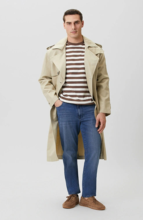 MEN'S N-Green Beige Double-Breasted Linen Blend Trench Coat