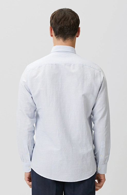 MEN'S N-Green Blue Striped Linen Blend Embossed Striped Shirt