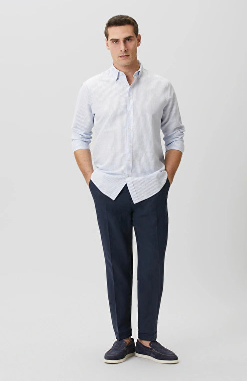 MEN'S N-Green Blue Striped Linen Blend Embossed Striped Shirt